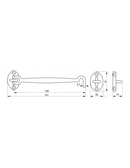 Gancio mobile con occhiello, cromato 15cm, ferma porta, finestra, bagno - THIRARD