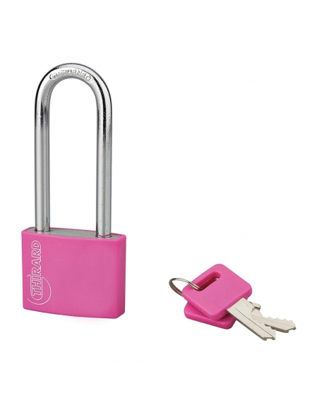 Lucchetto Maxium Color 40mm, arco alta 63mm acciaio temprato, rosa, corpo alluminio, 2 chiavi - THIRARD