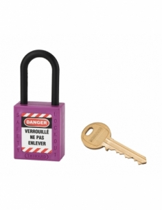 Lucchetto in ABS 38 mm, arco in nylon Ø 6 mm H 38 mm, viola, 1 chiave – THIRARD