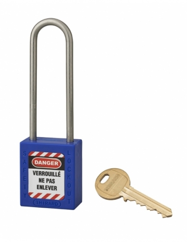 Lucchetto in ABS 38 mm, arco alto inox Ø 4,76 mm H 76 mm, blu, 1 chiave – THIRARD