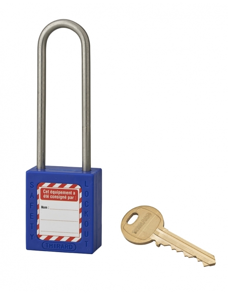 Lucchetto in ABS 38 mm, arco alto inox Ø 4,76 mm H 76 mm, blu, 1 chiave – THIRARD