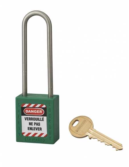 Lucchetto in ABS 38 mm, arco alto inox Ø 4,76 mm H 76 mm, verde, 1 chiave – THIRARD
