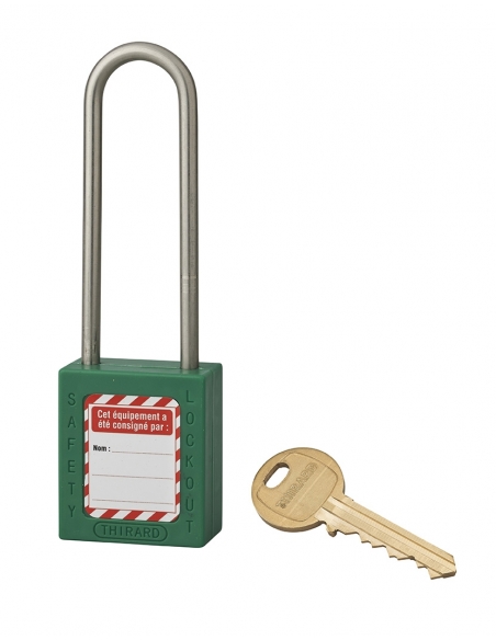 Lucchetto in ABS 38 mm, arco alto inox Ø 4,76 mm H 76 mm, verde, 1 chiave – THIRARD