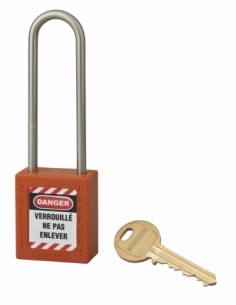 Lucchetto LOTO in ABS 38 mm, arco alto inox H 76 mm Ø 4,76 mm, arancione, 1 chiave – THIRARD