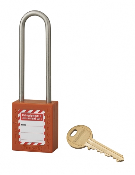 Lucchetto LOTO in ABS 38 mm, arco alto inox H 76 mm Ø 4,76 mm, arancione, 1 chiave – THIRARD