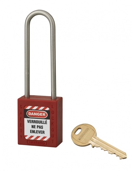 Lucchetto LOTO in ABS 38 mm, arco alto inox H 76 mm Ø 4,76 mm, rosso, 1 chiave – THIRARD