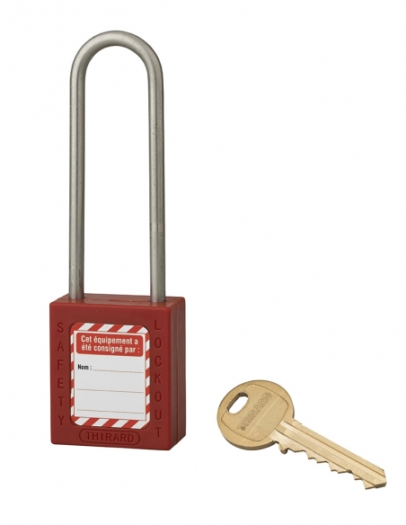 Lucchetto LOTO in ABS 38 mm, arco alto inox H 76 mm Ø 4,76 mm, rosso, 1 chiave – THIRARD