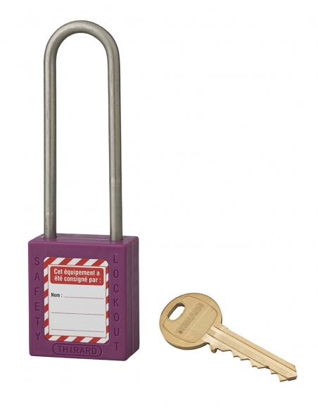 Lucchetto LOTO in ABS 38 mm, arco alto inox H 76 mm Ø 4,76 mm, viola, 1 chiave – THIRARD