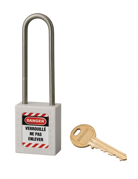 Lucchetto LOTO in ABS 38 mm, arco alto inox H 76 mm Ø 4,76 mm, bianco, 1 chiave – THIRARD