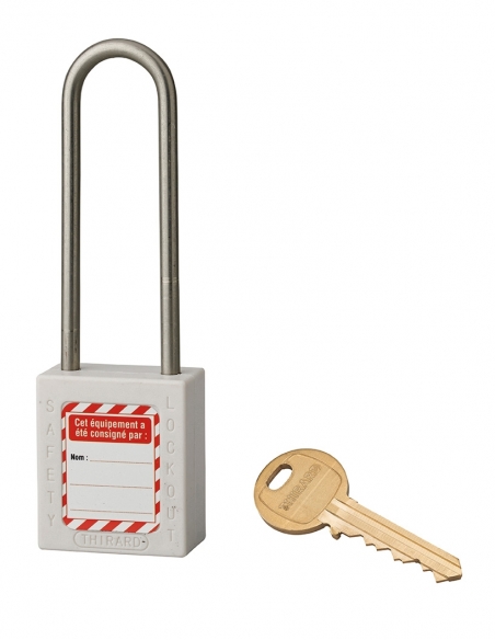 Lucchetto LOTO in ABS 38 mm, arco alto inox H 76 mm Ø 4,76 mm, bianco, 1 chiave – THIRARD