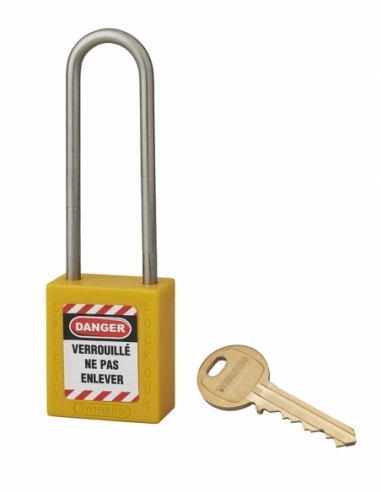 Lucchetto LOTO in ABS 38 mm, arco alto inox H 76 mm Ø 4,76 mm, giallo, 1 chiave – THIRARD