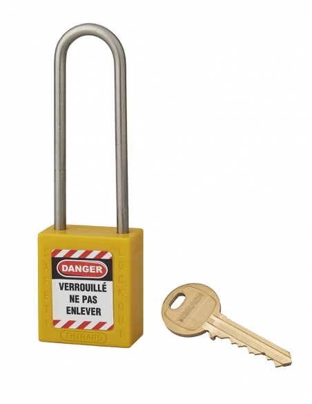 Lucchetto LOTO in ABS 38 mm, arco alto inox H 76 mm Ø 4,76 mm, giallo, 1 chiave – THIRARD