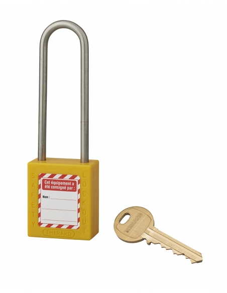 Lucchetto LOTO in ABS 38 mm, arco alto inox H 76 mm Ø 4,76 mm, giallo, 1 chiave – THIRARD
