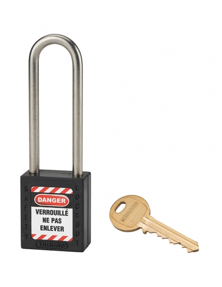 Lucchetto LOTO in ABS 38 mm, arco alto inox H 76 mm Ø 6 mm, nero, 1 chiave – THIRARD