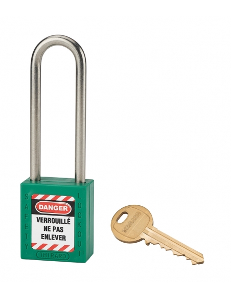 Lucchetto LOTO in ABS 38 mm, arco alto inox H 76 mm Ø 6 mm, verde, 1 chiave – THIRARD