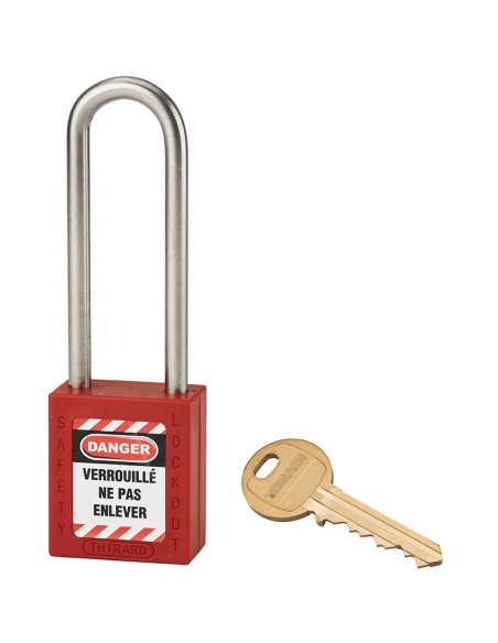 Lucchetto LOTO in ABS 38 mm, arco alto inox H 76 mm Ø 6 mm, rosso, 1 chiave – THIRARD