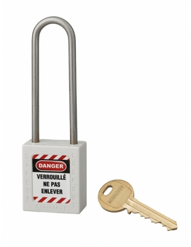 Lucchetto LOTO in ABS 38 mm, arco alto inox H 76 mm Ø 6 mm, bianco, 1 chiave – THIRARD