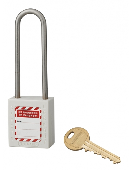 Lucchetto LOTO in ABS 38 mm, arco alto inox H 76 mm Ø 6 mm, bianco, 1 chiave – THIRARD