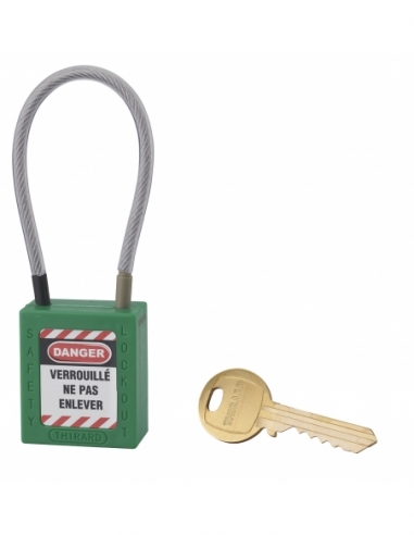 Lucchetto LOTO in ABS 38 mm, arco in nylon L 150 mm Ø 4,76 mm, verde, 1 chiave – THIRARD