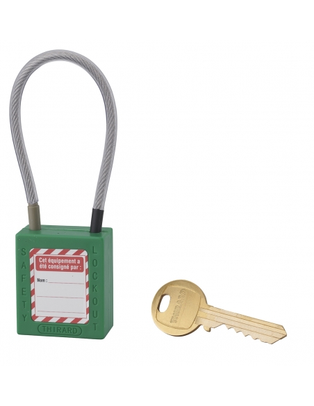 Lucchetto LOTO in ABS 38 mm, arco in nylon L 150 mm Ø 4,76 mm, verde, 1 chiave – THIRARD