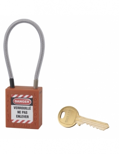 Lucchetto LOTO in ABS 38 mm, arco in nylon L 150 mm Ø 4,76 mm, arancione, 1 chiave – THIRARD