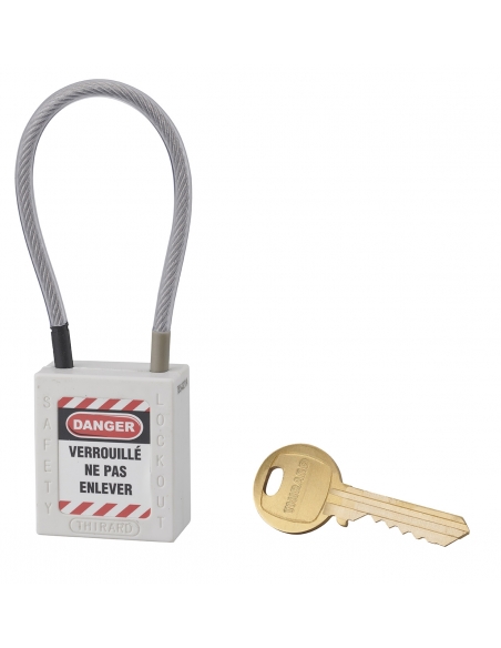 Lucchetto LOTO in ABS 38 mm, arco in nylon L 150 mm Ø 4,76 mm, bianco, 1 chiave – THIRARD
