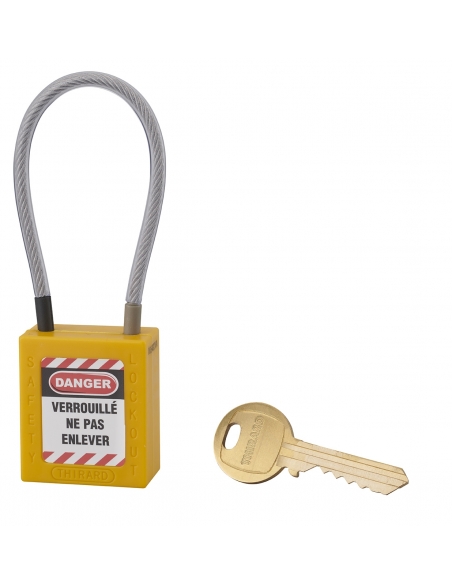 Lucchetto LOTO in ABS 38 mm, arco in nylon L 150 mm Ø 4,76 mm, giallo, 1 chiave – THIRARD