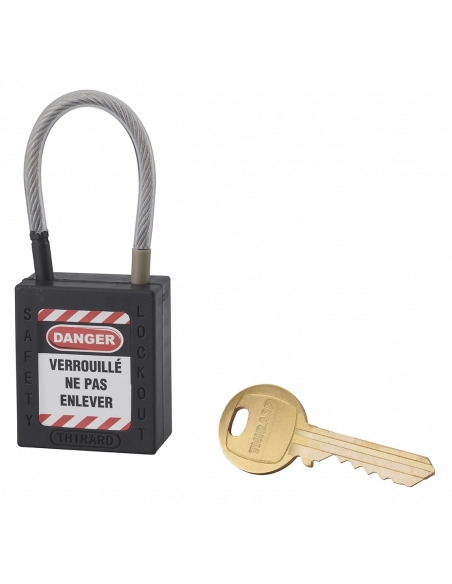 Lucchetto LOTO in ABS 38 mm, arco in nylon L 90 mm Ø 4,76 mm, nero, 1 chiave – THIRARD