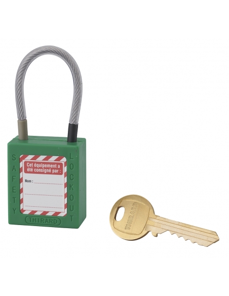 Lucchetto LOTO in ABS 38 mm, arco in nylon L 90 mm Ø 4,76 mm, verde, 1 chiave – THIRARD