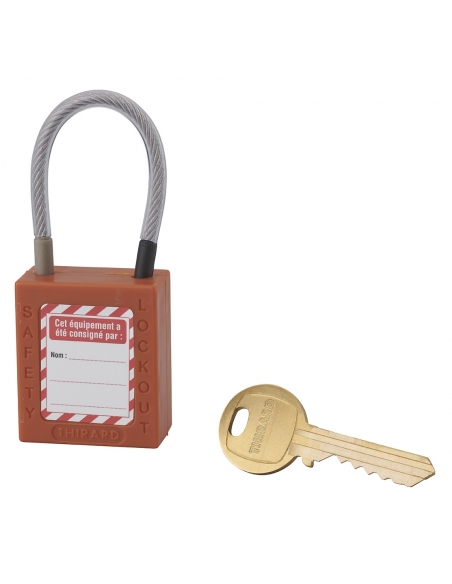 Lucchetto LOTO in ABS 38 mm, arco in nylon L 90 mm Ø 4,76 mm, arancione, 1 chiave – THIRARD