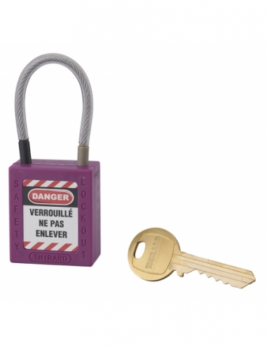 Lucchetto LOTO in ABS 38 mm, arco in nylon L 90 mm Ø 4,76 mm, viola, 1 chiave – THIRARD