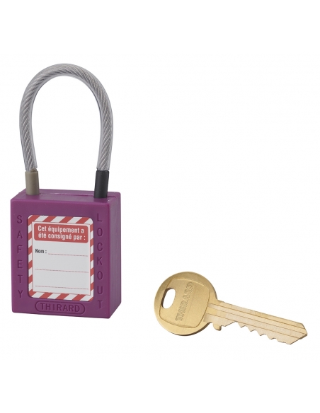 Lucchetto LOTO in ABS 38 mm, arco in nylon L 90 mm Ø 4,76 mm, viola, 1 chiave – THIRARD