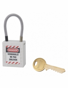 Lucchetto LOTO in ABS 38 mm, arco in nylon L 90 mm Ø 4,76 mm, bianco, 1 chiave – THIRARD