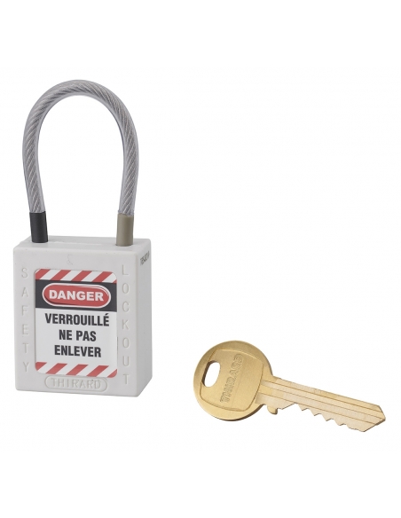 Lucchetto LOTO in ABS 38 mm, arco in nylon L 90 mm Ø 4,76 mm, bianco, 1 chiave – THIRARD
