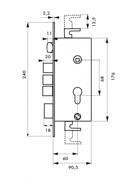 Serratura triplice porta blindata, 3 punti, 60X68mm 4 catenacci, reversibile - THIRARD