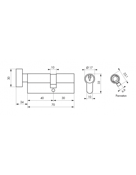 Cilindro europeo per serratura a pomolo, 40Bx30mm, anti estrazione, ottone, 3 chiavi - THIRARD