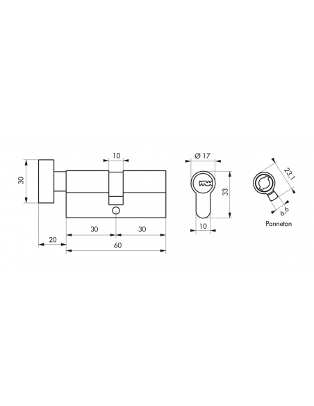 Schema tecnico di Cilindro Transit 2 con pomolo 30 x 30 mm, nichelato, anti-perforazione con dimensioni e ingombri