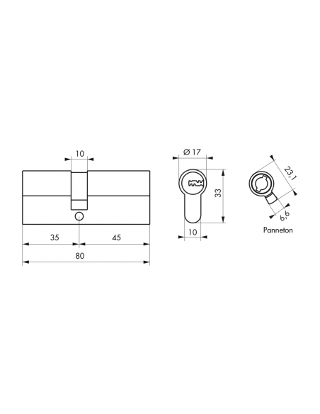 Schema tecnico di Cilindro Transit 2 35 x 45 mm, nichelato, anti-perforazione, anti-scasso, 5 chiavi con dimensioni e ingombri
