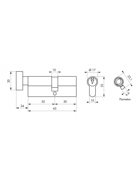 Cilindro SA con pomolo 35 x 30 mm, ottonato, 3 chiavi – THIRARD