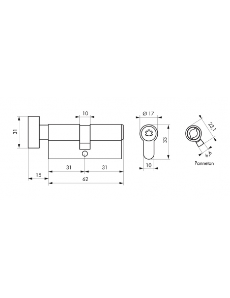 Cilindro europeo per serratura a pomolo Surveyor, 31x31mm, ottone, anti-sfilamento, 4 chiavi - THIRARD