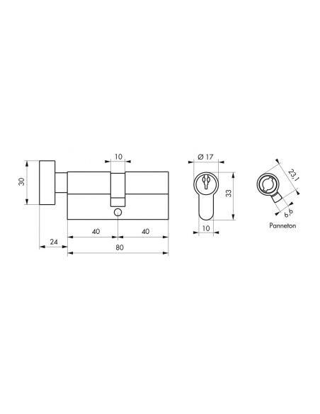 Cilindro europeo con pomolo 40 x 40 mm, ottone, 3 chiavi – THIRARD