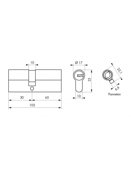 Schema tecnico di Cilindro europeo a doppia entrata Trafic 6, 30x65mm, nichel, antiperforazione con dimensioni e ingombri