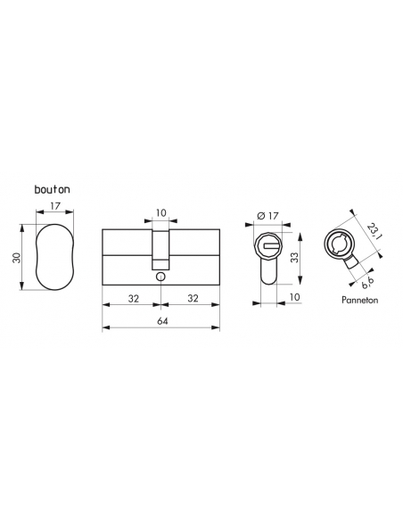 Cilindro europeo Federal S - 30BX30mm a pomolo nichel, anti-sfilamento, anti-perforazione, 5 chiavi reversibili - THIRARD