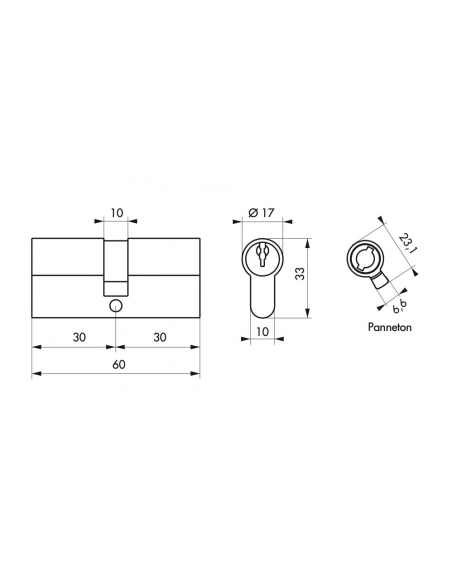 Vista aggiuntiva 1 di Set di 2 cilindri europei doppia entrata 30 x 30 mm, ottone, anti-estrazione, 6 chiavi – THIRARD