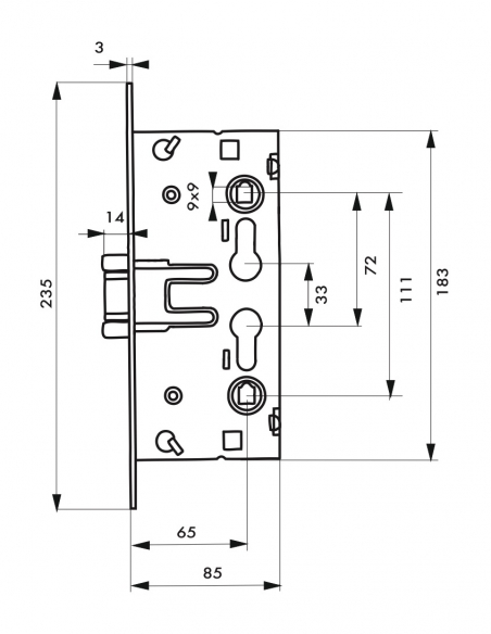 Serratura da incasso a cilindro europeo, per porta tagliafuoco, A 65mm, I 72mm, acciaio zincato, reversibile - THIRARD