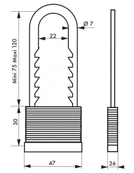 Vista aggiuntiva 1 di Lucchetto 40 mm con arco regolabile in acciaio laminato, 2 chiavi – THIRARD
