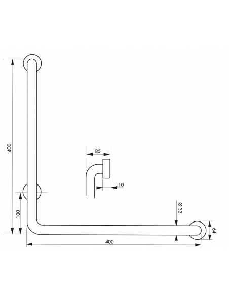 Maniglione bagno disabili, barra di ausilio angolare, 90° 400x400mm, diametro Ø 32mm, acciaio inox 304 cromato lucido - THIRARD