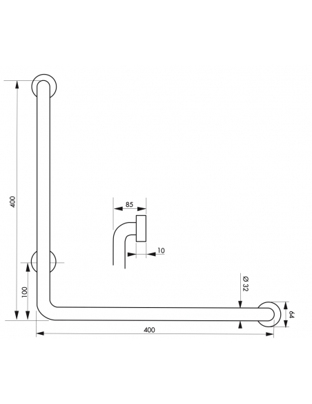 Maniglione bagno disabili, barra di ausilio angolare, 90° 400x400mm, diametro Ø 32mm, acciaio inox 304 satinato - THIRARD