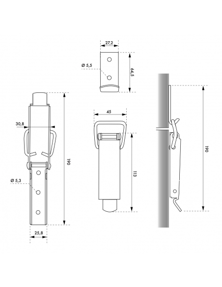 Chiusura a leva in acciaio zincato con gancio, L 90 mm – THIRARD