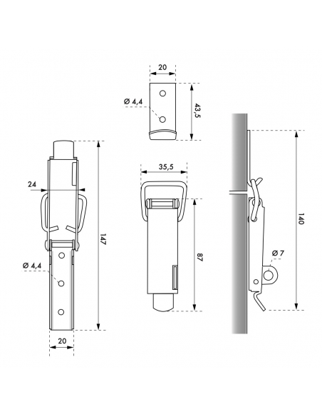 Chiusura a leva in acciaio zincato con gancio corto, L 70 mm – THIRARD